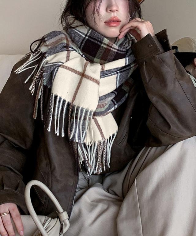フリンジマフラー チェック柄 秋冬 送料無料 即日発送-2