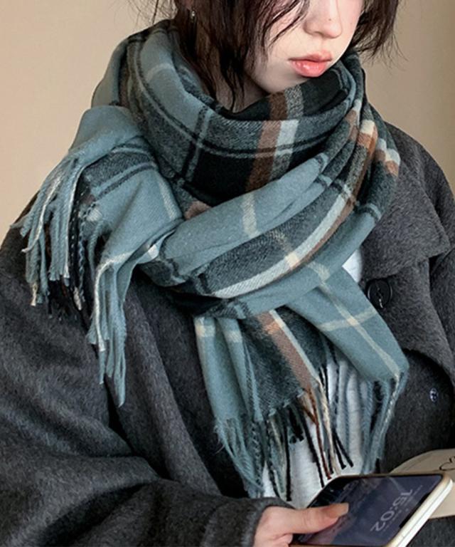 フリンジマフラー チェック柄 秋冬 送料無料 即日発送-3