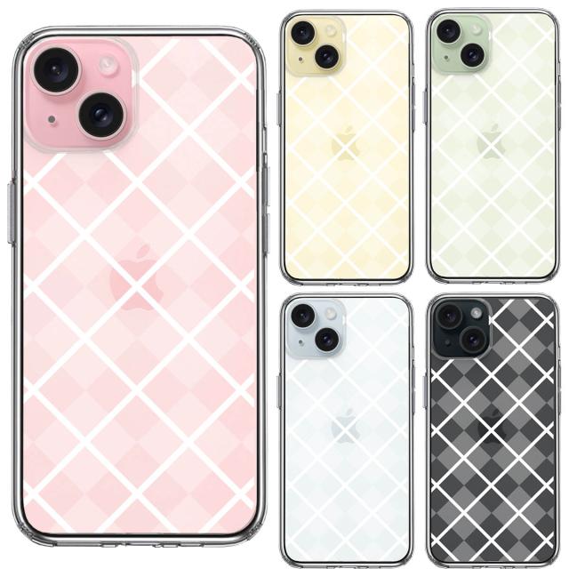 iPhone15Plus ケース クリア 格子柄 アペンド チェック ホワイト スマホケース 側面ソフト 背面ハード ハイブリッド 送料無料-1
