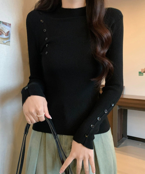 ニットトップス 飾りボタン リブニット 送料無料 即日発送-0