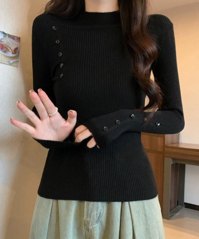 ニットトップス 飾りボタン リブニット 送料無料 即日発送-5