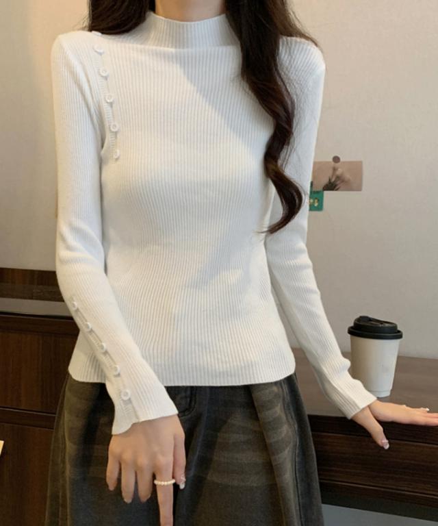 ニットトップス 飾りボタン リブニット 送料無料 即日発送-7