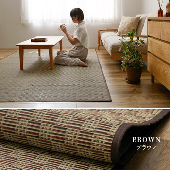 カーペット い草カーペット 江戸間2畳 柄上敷き 花ござ 裏なし 市松柄 若月 グリーン ブラウン 送料無料-11