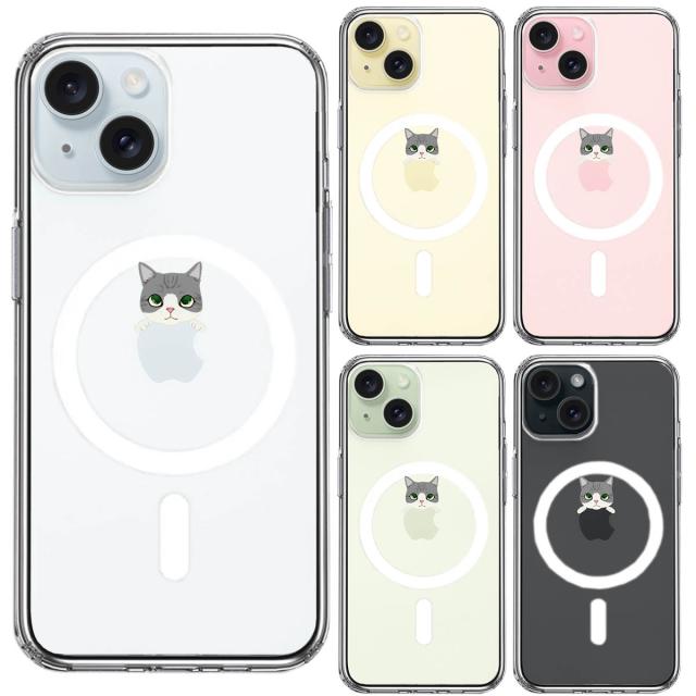 iPhone15 MagSafe対応 ケース クリア のっかり ネコ サバトラ スマホケース 側面ソフト 背面ハード ハイブリッド  送料無料-1