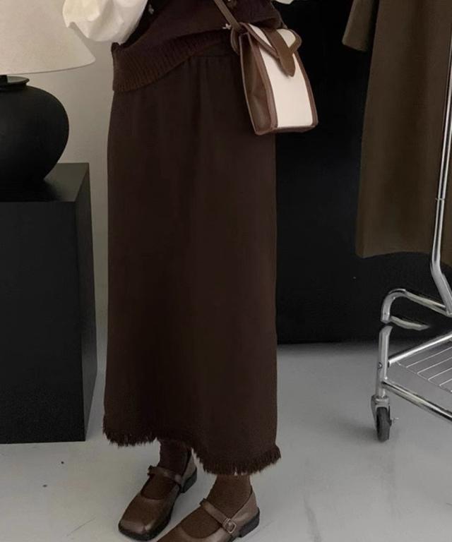 ロングスカート 裾フリンジニットスカート 送料無料 即日発送-9