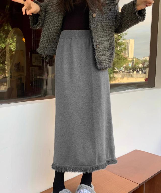 ロングスカート 裾フリンジニットスカート 送料無料 即日発送-4