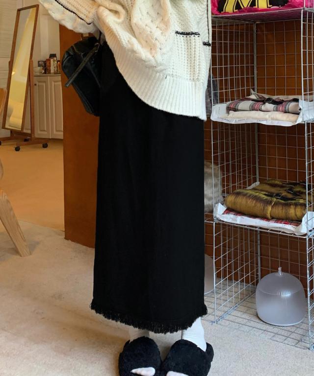 ロングスカート 裾フリンジニットスカート 送料無料 即日発送-7