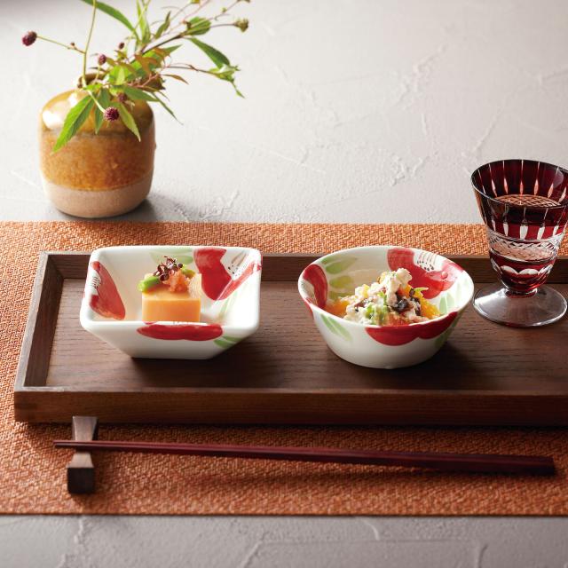 和食器 手描き 椿 小鉢 角 小 3セット 送料無料-2