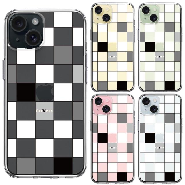 iPhone15 ケース クリア ブロック チェック 白 黒 スマホケース 側面ソフト 背面ハード ハイブリッド 送料無料-1