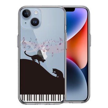 iPhone14 ケース クリア ピアノ シルエット猫 ブラック スマホケース 側面ソフト 背面ハード ハイブリッド  送料無料-0