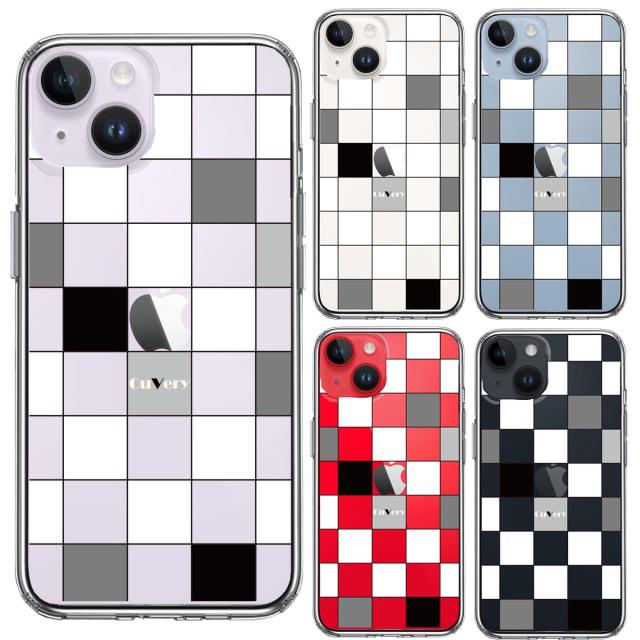 iPhone14 ケース クリア ブロック チェック 白 黒 スマホケース 側面ソフト 背面ハード ハイブリッド 送料無料-1