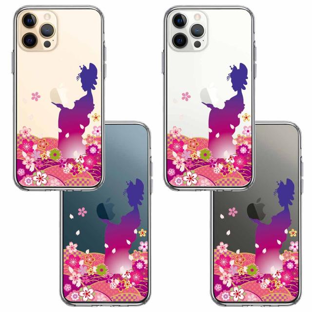 iPhone12Pro ケース クリア 日本女性 着物少女 青紫 スマホケース 側面ソフト 背面ハード ハイブリッド  送料無料-1