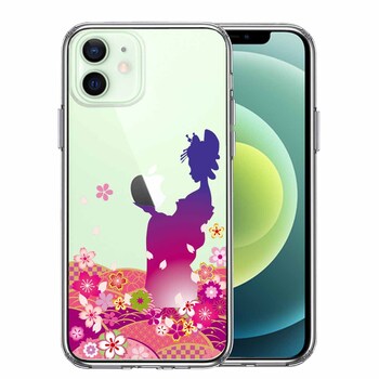 iPhone12 ケース クリア 日本女性 着物少女 青紫 スマホケース 側面ソフト 背面ハード ハイブリッド  送料無料-0