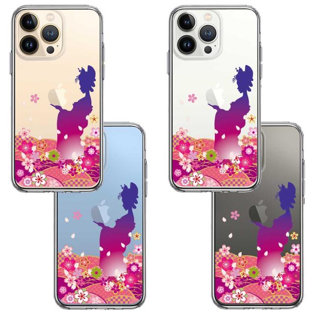 iPhone13Pro ケース クリア 日本女性 着物少女 青紫 スマホケース 側面ソフト 背面ハード ハイブリッド 送料無料-1