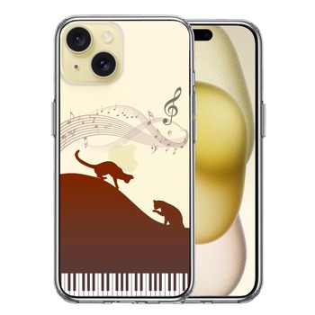 iPhone15 ケース クリア ピアノ シルエット猫 ブラウン スマホケース 側面ソフト 背面ハード ハイブリッド  送料無料-0