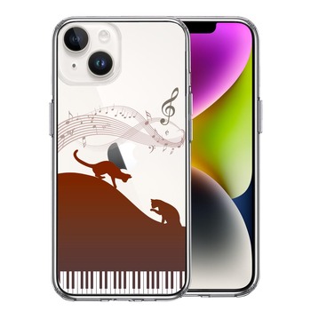 iPhone14 ケース クリア ピアノ シルエット猫 ブラウン スマホケース 側面ソフト 背面ハード ハイブリッド  送料無料-0