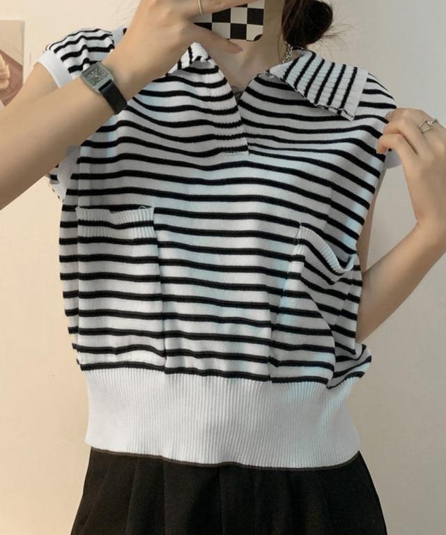 フレンチスリーブポロニット ボーダー柄 送料無料 即日発送-8