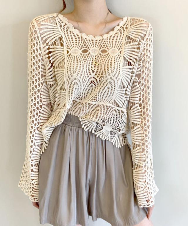 かぎ編みサマーニット 透かし編みトップス 送料無料 即日発送-4