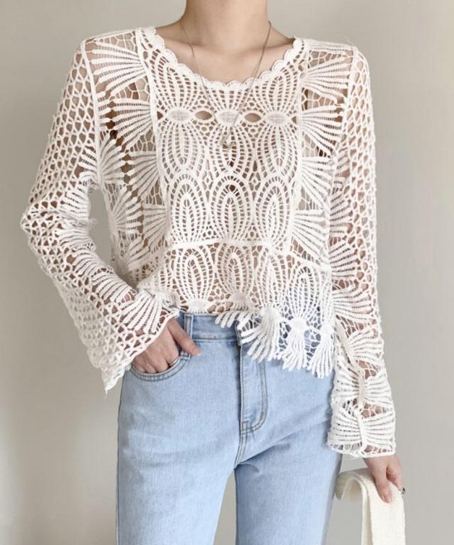 かぎ編みサマーニット 透かし編みトップス 送料無料 即日発送-7