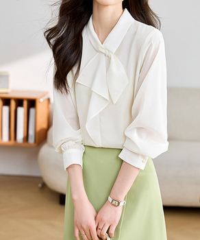 リボンタイブラウス レディース長袖シャツ 送料無料 即日発送-0