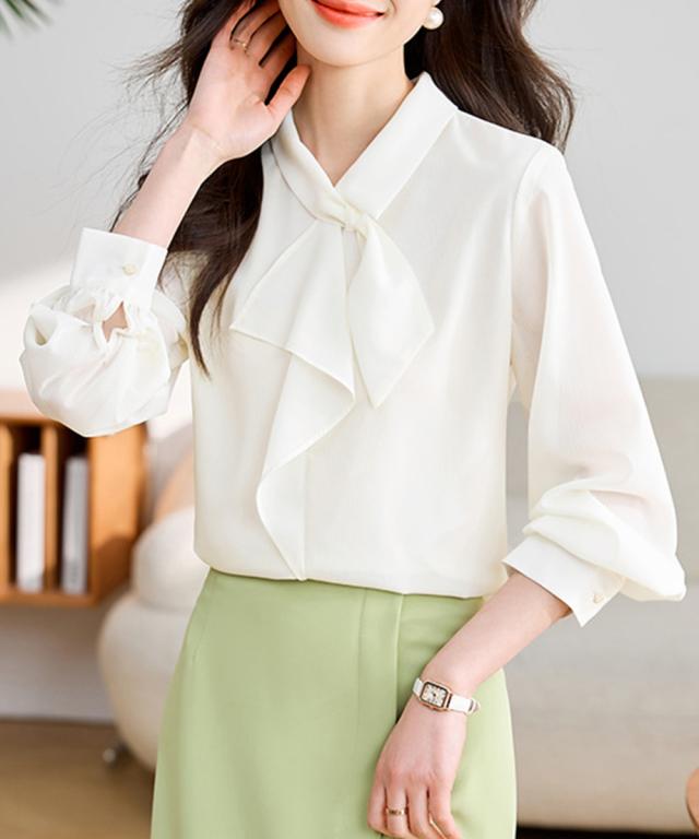 リボンタイブラウス レディース長袖シャツ 送料無料 即日発送-4