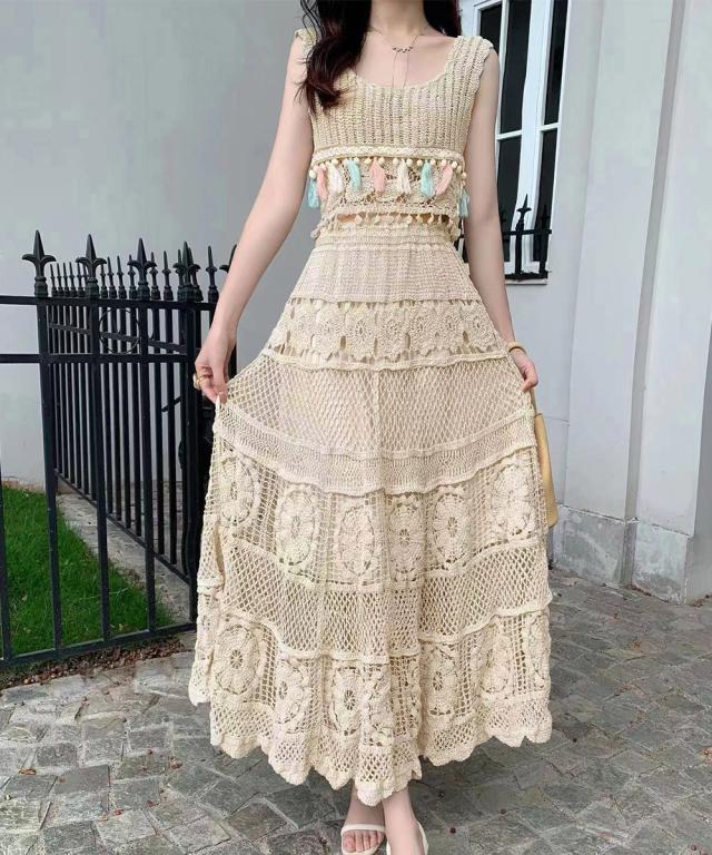 クロシェ編みセットアップ ボヘミアン夏服 送料無料 即日発送-4