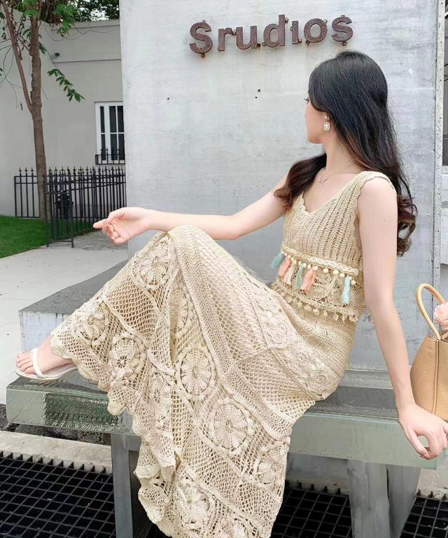 クロシェ編みセットアップ ボヘミアン夏服 送料無料 即日発送-5