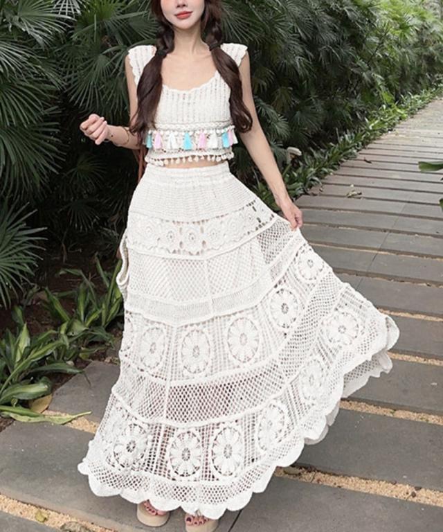 クロシェ編みセットアップ ボヘミアン夏服 送料無料 即日発送-8