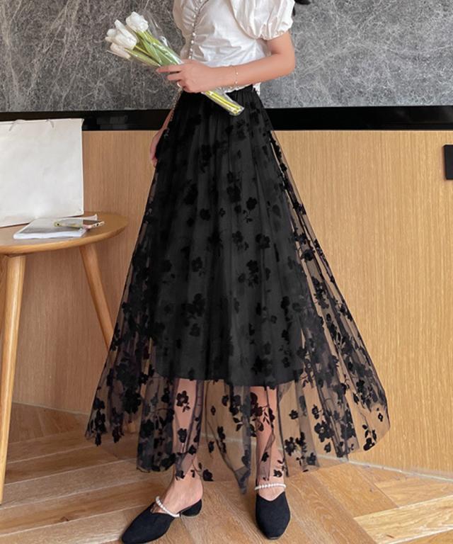 チュールスカート花柄フロッキープリント 送料無料 即日発送-4
