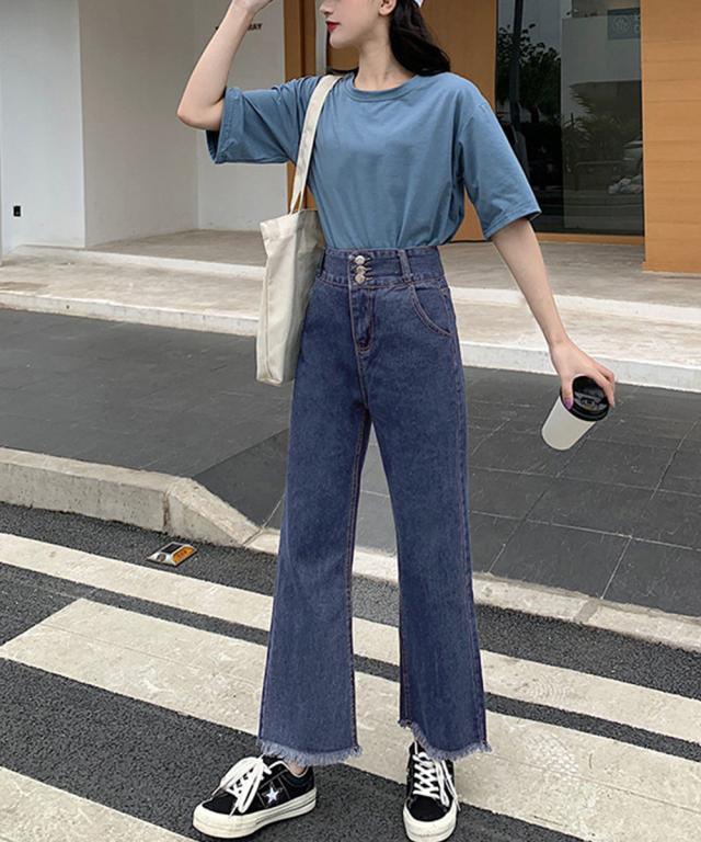 裾フリンジ9分丈デニムパンツハイウエスト 送料無料 即日発送-6