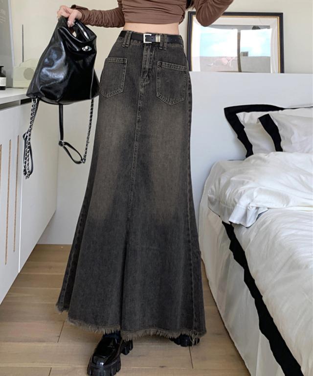 フリンジデニムスカートマーメイドスカート 送料無料 即日発送-8