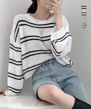 透かし編み ニットトップス ボーダー夏服 送料無料 即日発送-0