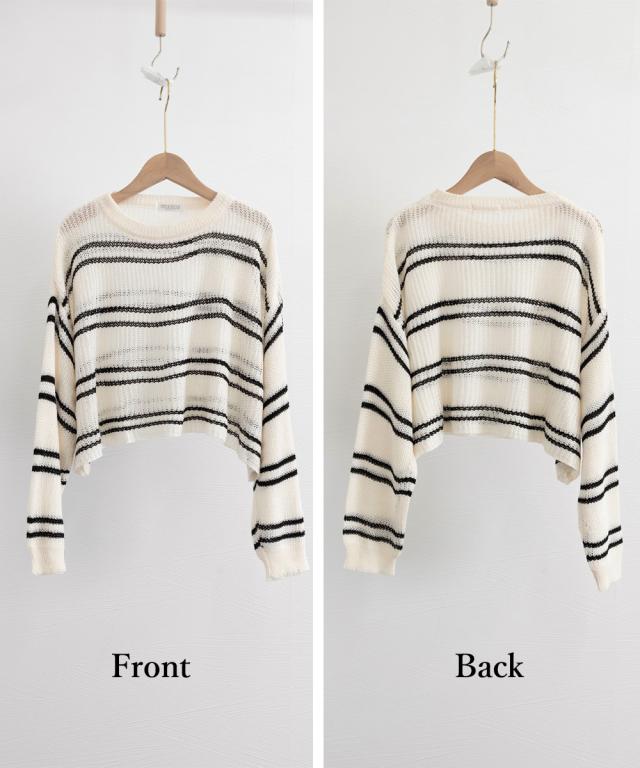 透かし編み ニットトップス ボーダー夏服 送料無料 即日発送-2