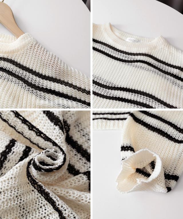 透かし編み ニットトップス ボーダー夏服 送料無料 即日発送-3