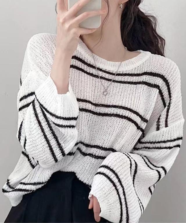 透かし編み ニットトップス ボーダー夏服 送料無料 即日発送-4