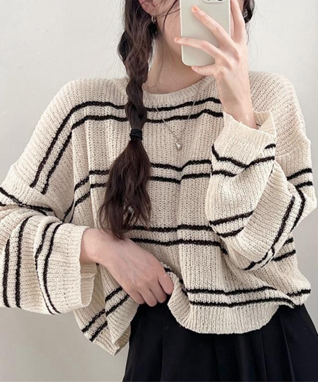 透かし編み ニットトップス ボーダー夏服 送料無料 即日発送-5