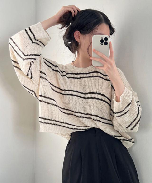 透かし編み ニットトップス ボーダー夏服 送料無料 即日発送-6