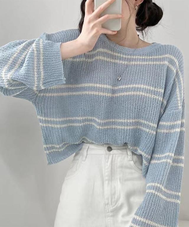 透かし編み ニットトップス ボーダー夏服 送料無料 即日発送-7