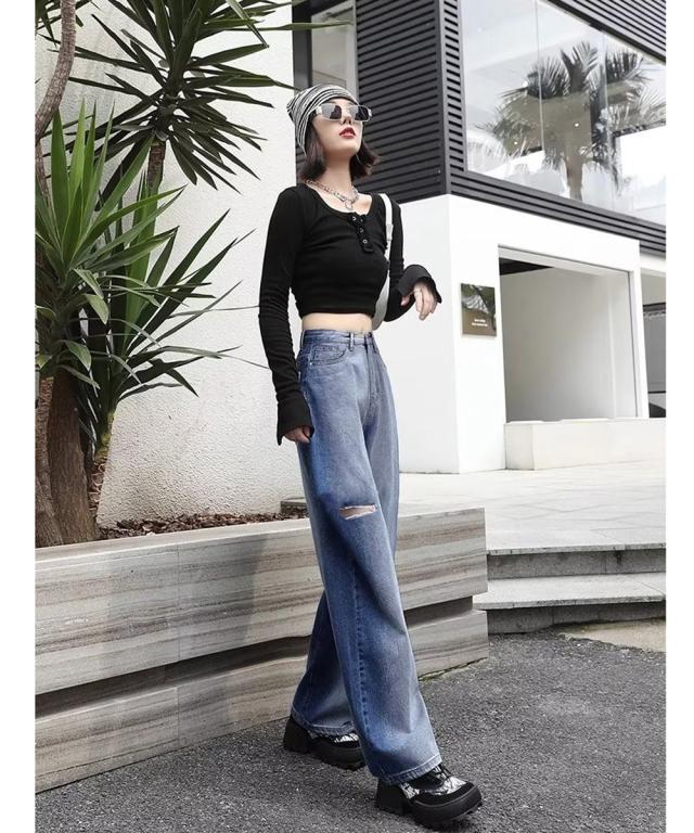 デニムワイドパンツ サイドダメージ 送料無料 即日発送-5