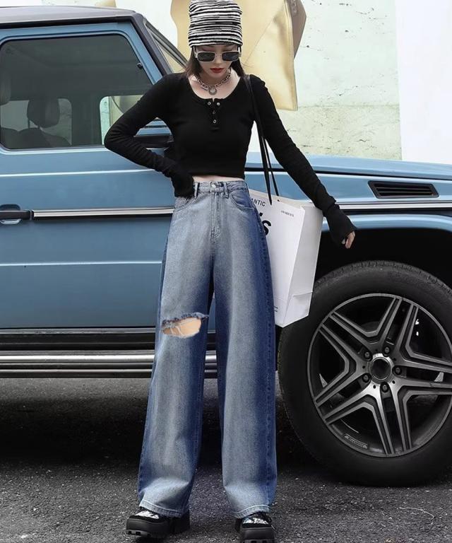 デニムワイドパンツ サイドダメージ 送料無料 即日発送-6