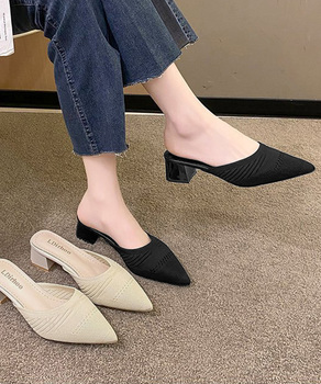 ニットミュールパンプス チャンキーヒール 送料無料 即日発送-0