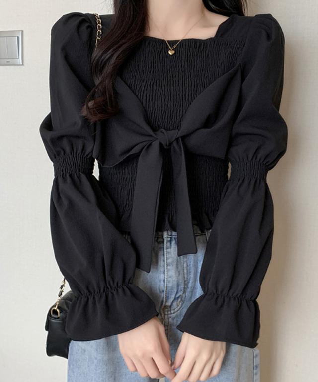 ブラウス 白黒 シャーリング ショート丈 送料無料 即日発送-9