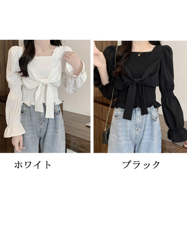 ブラウス 白黒 シャーリング ショート丈 送料無料 即日発送-1