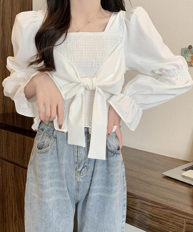 ブラウス 白黒 シャーリング ショート丈 送料無料 即日発送-7