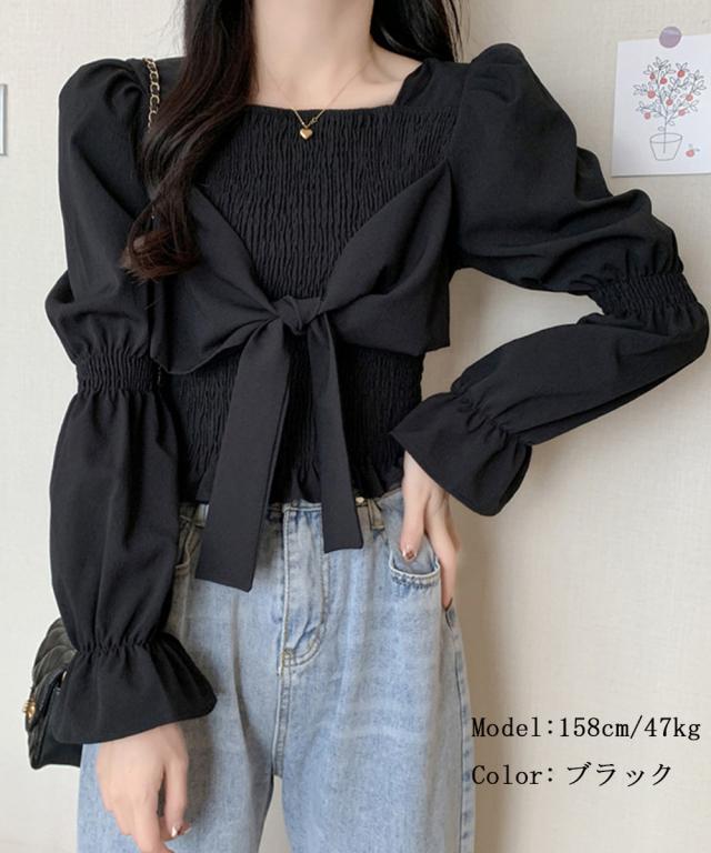 ブラウス 白黒 シャーリング ショート丈 送料無料 即日発送-8