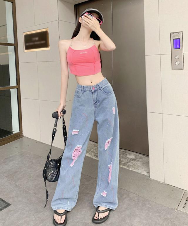 ピンク ダメージデニムパンツ レディース 送料無料 即日発送-9