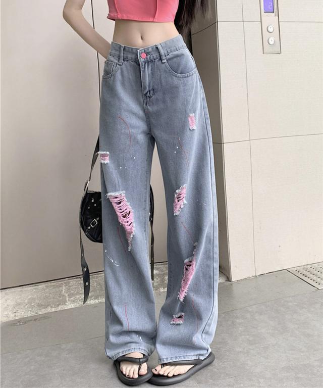 ピンク ダメージデニムパンツ レディース 送料無料 即日発送-1