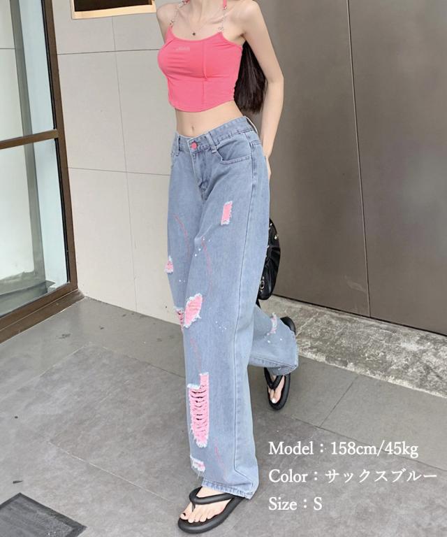 ピンク ダメージデニムパンツ レディース 送料無料 即日発送-6
