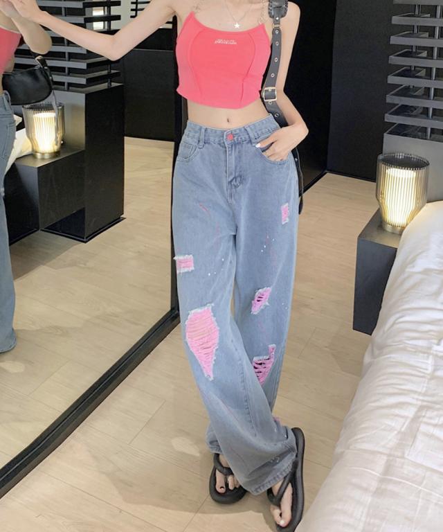 ピンク ダメージデニムパンツ レディース 送料無料 即日発送-7