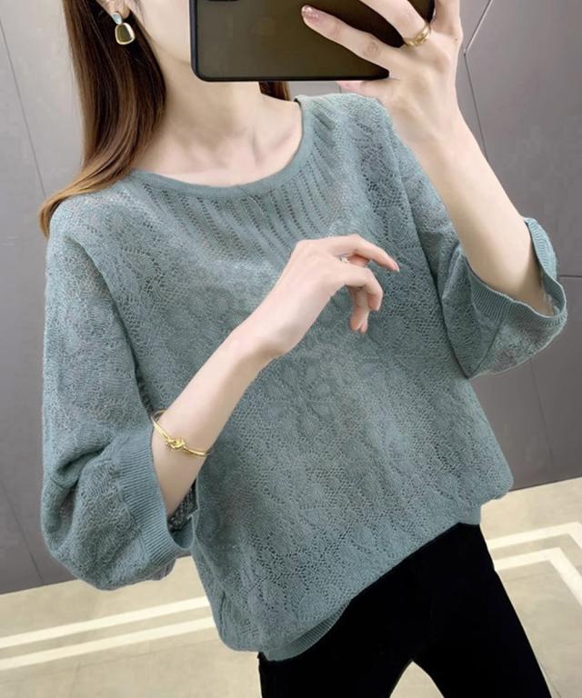 サマーニット 七分袖透かし編みトップス 送料無料 即日発送-9